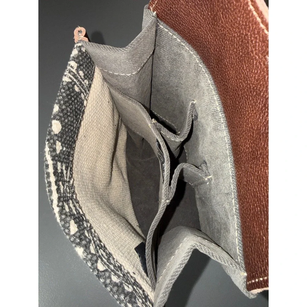 Myra Bag Leather Canvas Wine Bottle Beer Caddy Mandala Print Brown Grey S-1296